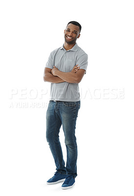 Buy stock photo A casually dressed african american man smiling while isolated on white