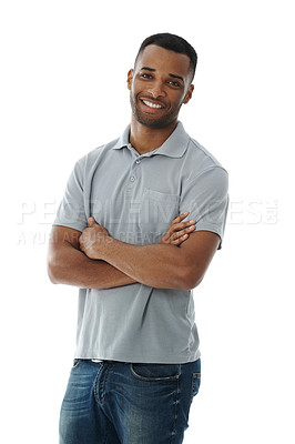 Buy stock photo Portrait, fashion and happy black man with confidence isolated on white studio background. Smile, creative and worker with arms crossed for career pride, business and job of web designer in Kenya