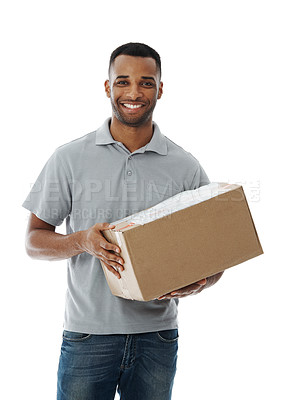 Buy stock photo Box, portrait and retail with courier man in studio isolated on white background for commercial logistics. Ecommerce, delivery and smile or post office employee with parcel for online shopping