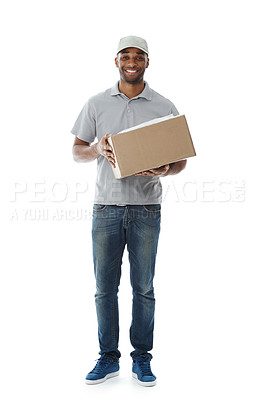 Buy stock photo Box, portrait and retail with delivery man in studio isolated on white background for commercial logistics. Ecommerce, package and smile of happy post office employee with parcel for online shopping