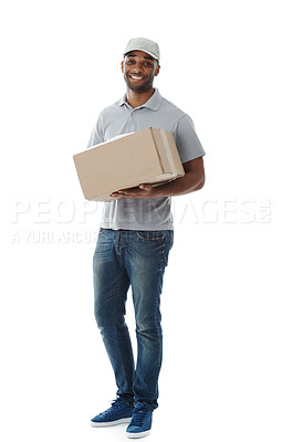 Buy stock photo Box, portrait and service with delivery man in studio isolated on white background for commercial logistics. Ecommerce, package and smile of happy courier employee with parcel for online shopping