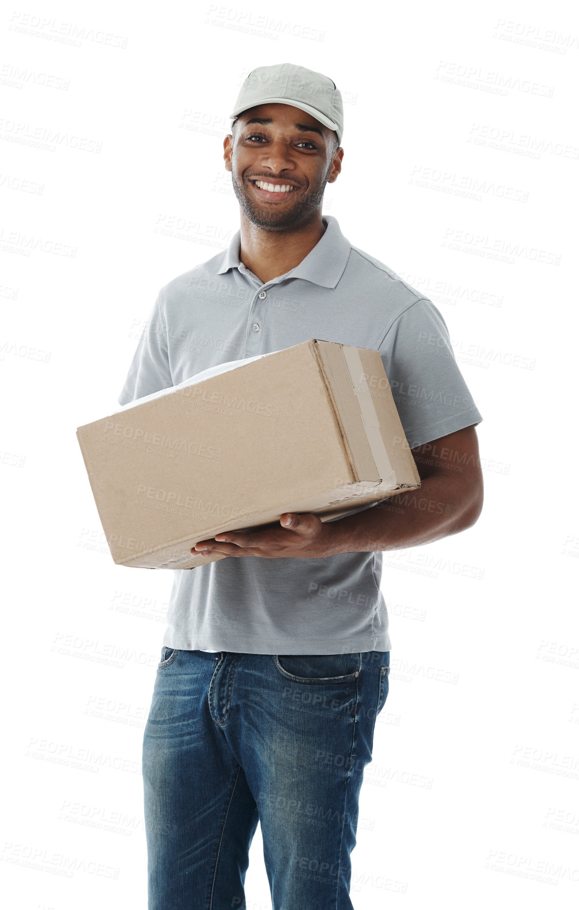 Buy stock photo Box, ecommerce and portrait with delivery man in studio isolated on white background for commercial logistics. Cardboard, package and smile of post office employee with parcel for online shopping