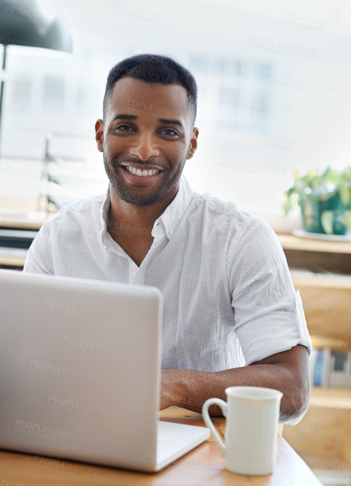 Buy stock photo Portrait, employee and black man with laptop, smile and confidence with research, web design and internet. African person, face or it support with computer, technician or career ambition with network