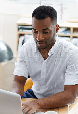 Buy stock photo Typing, business and black man with laptop, office and confidence with research, web design and internet security. African person, it support or employee with computer, technician and career ambition