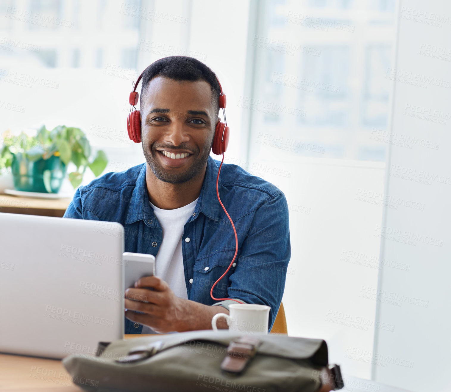 Buy stock photo Music, laptop and portrait of business black man in office listen to audio, radio and podcast. Happy, creative startup and person with headphones on computer for research, website and online project