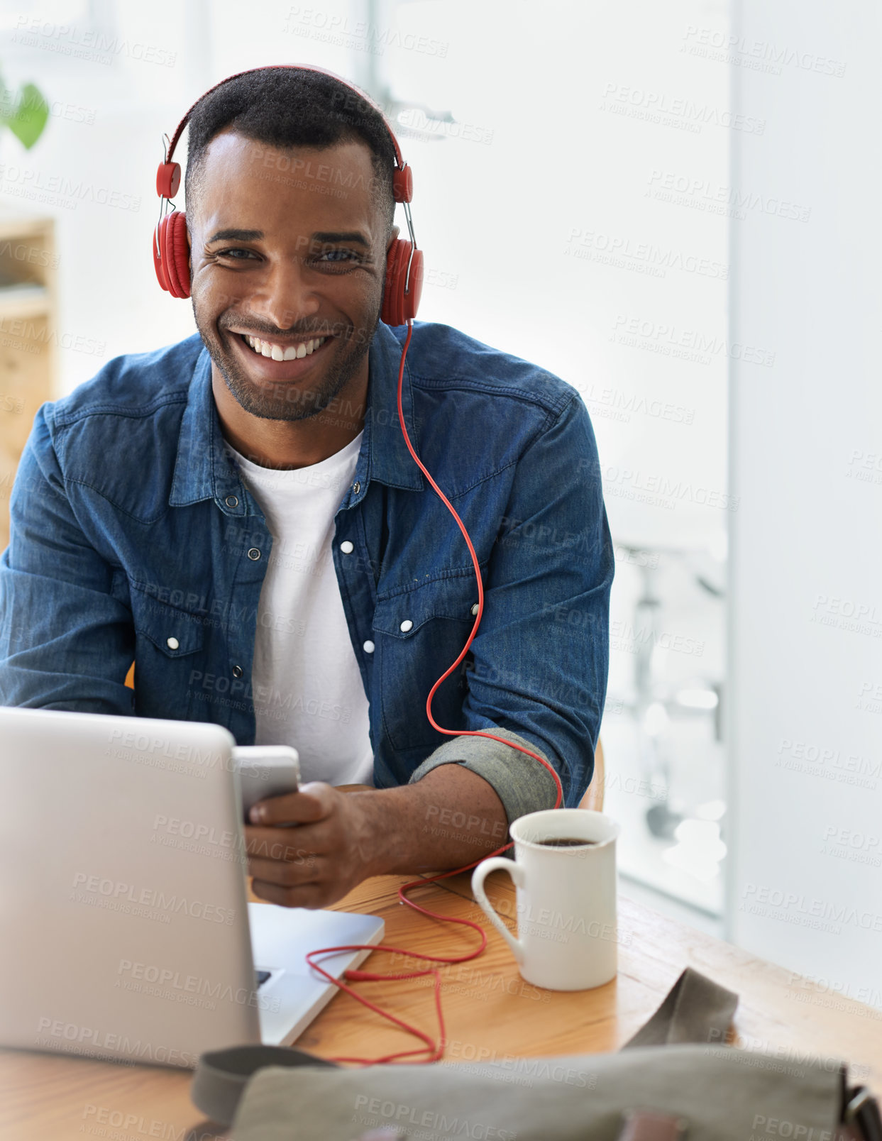 Buy stock photo Businessman, portrait and phone for music in office with radio streaming, audio subscription or listening to sound. Black person, employee or headphones on coffee break for relax, happy and scrolling