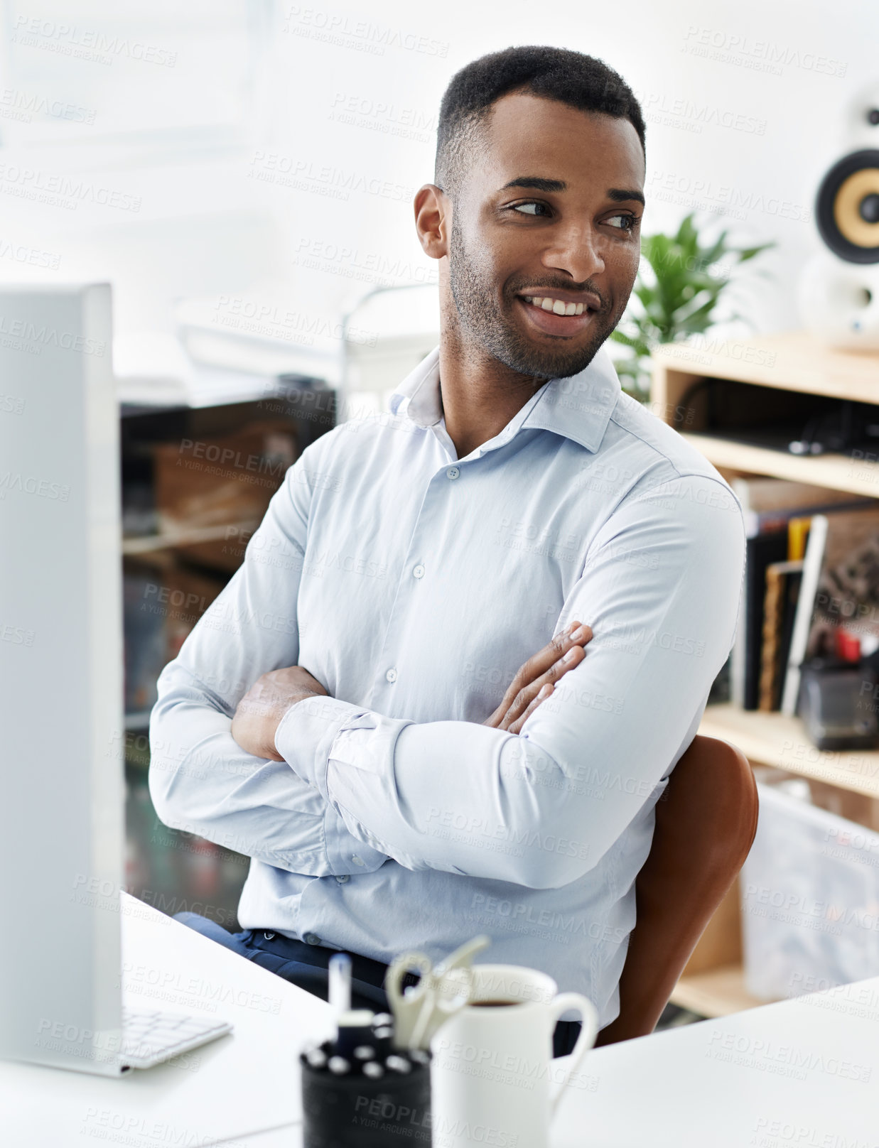 Buy stock photo Business, man and arms crossed with thinking at desk for copywriting inspiration, research ideas and blog startup. Professional, writer and thoughtful in office with daydreaming, planning and smile