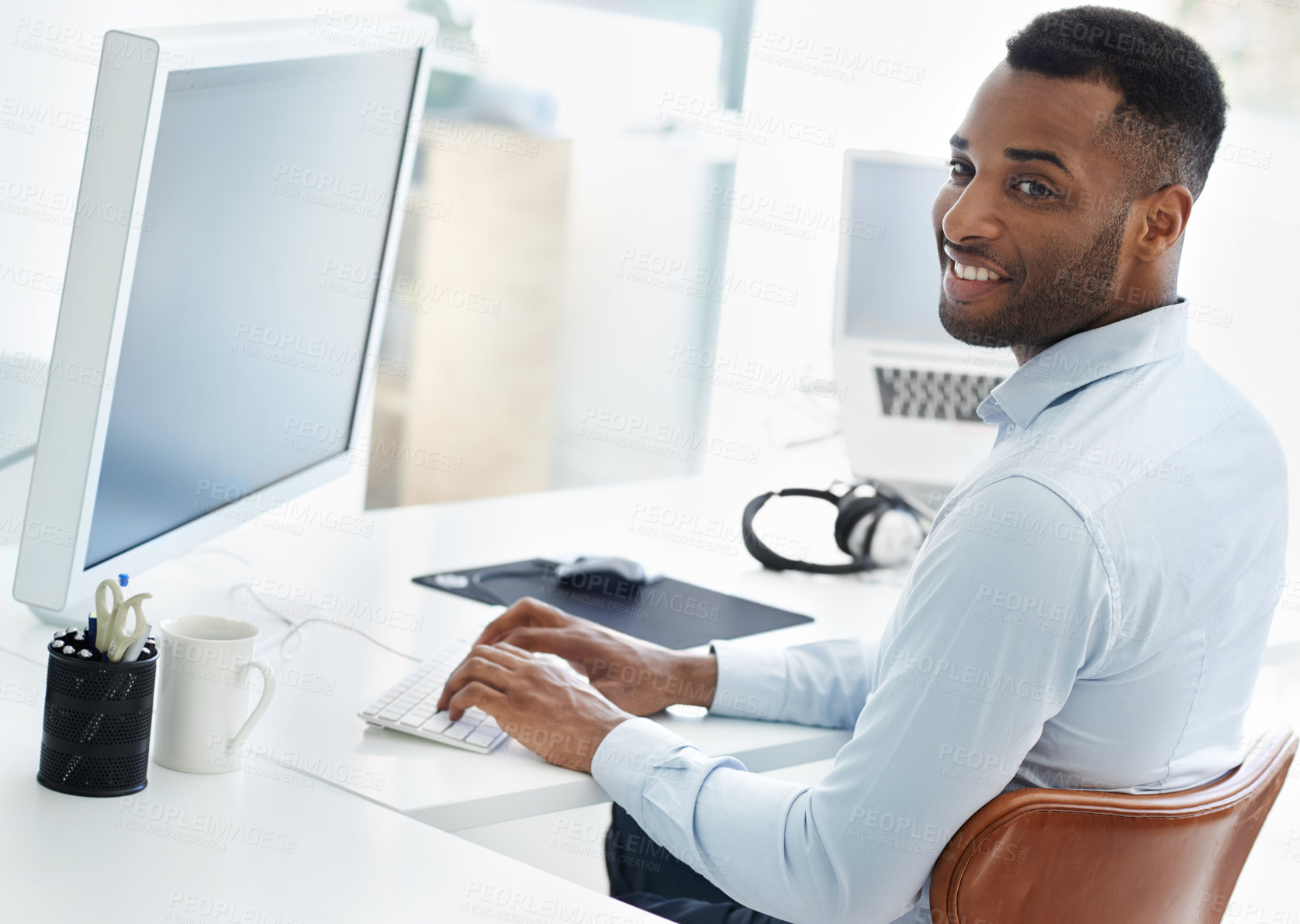 Buy stock photo Black man, computer and design software at desk, online and transform website on office internet. Male person, cloud computing and feedback for html code, programming and algorithm for cybersecurity