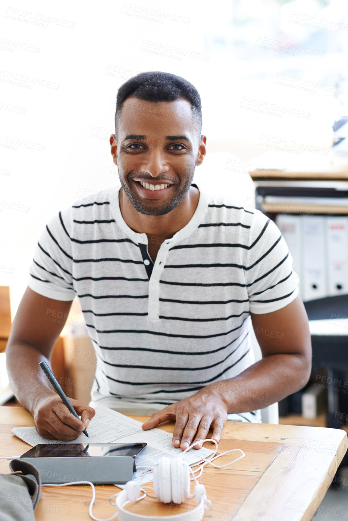 Buy stock photo Black man, paper and planning in startup portrait, tablet and research for notes of information. Male person, entrepreneur and documents for feedback report, writing ideas and strategy in workplace