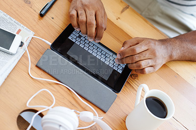 Buy stock photo Man, hands and tablet for typing email in home, streaming and online for communication. Male person, information and unemployed guy for browse career website, chatting and internet for social media