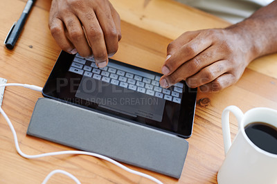 Buy stock photo Man, hands and tablet for typing on social media in home, streaming and online for communication. Male person, information and unemployed guy for browsing career website, chat and mug for espresso