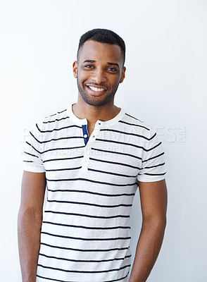 Buy stock photo Portrait, casual and black man with fashion in studio or trendy outfit for confidence isolated on white background. Model, positive or happy African guy with proud smile, modern shirt or cool clothes