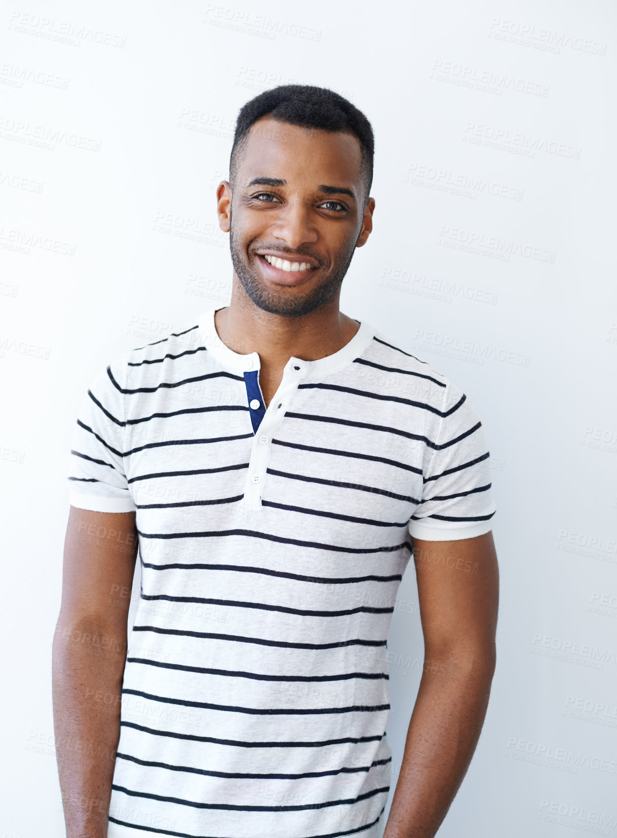 Buy stock photo Portrait, casual and black man with fashion in studio or trendy outfit for confidence isolated on white background. Model, positive or happy African guy with proud smile, modern shirt or cool clothes