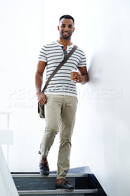 Buy stock photo Portrait, walk and black man on stairs with trendy outfit, coffee and smile for designer startup. Businessman, takeaway and African guy with creative fashion, morning routine and cool commute