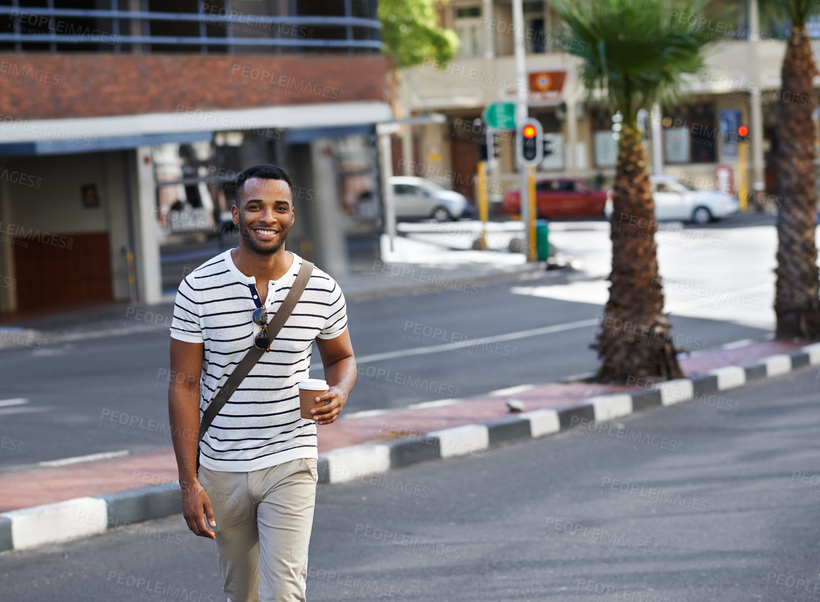 Buy stock photo Portrait, walking and black man in city with coffee, trendy outfit and smile for web designer startup. Businessman, takeaway and African guy with creative fashion, morning routine or urban commute