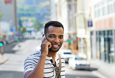 Buy stock photo Man, phone call and portrait for communication in city, talking and mobile app with connection. Happy, listen and conversation with virtual contact, smile and creative business person for negotiation