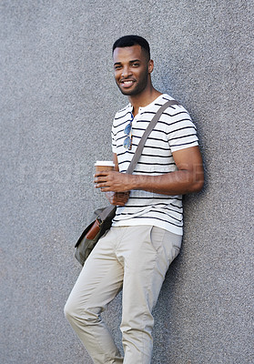 Buy stock photo Portrait, smile and black man on wall background with coffee, trendy outfit and city for web designer startup. Businessman, takeaway and African guy with fashion, morning routine or New York commute