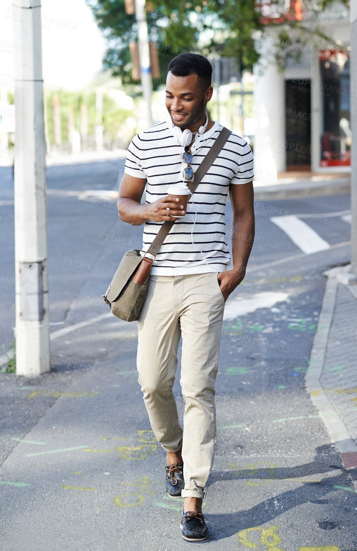 Buy stock photo Business, coffee and commute and man walking outdoor on street for travel or trip to work with bag. City, smile and thinking with happy African employee on road or sidewalk in urban town for journey