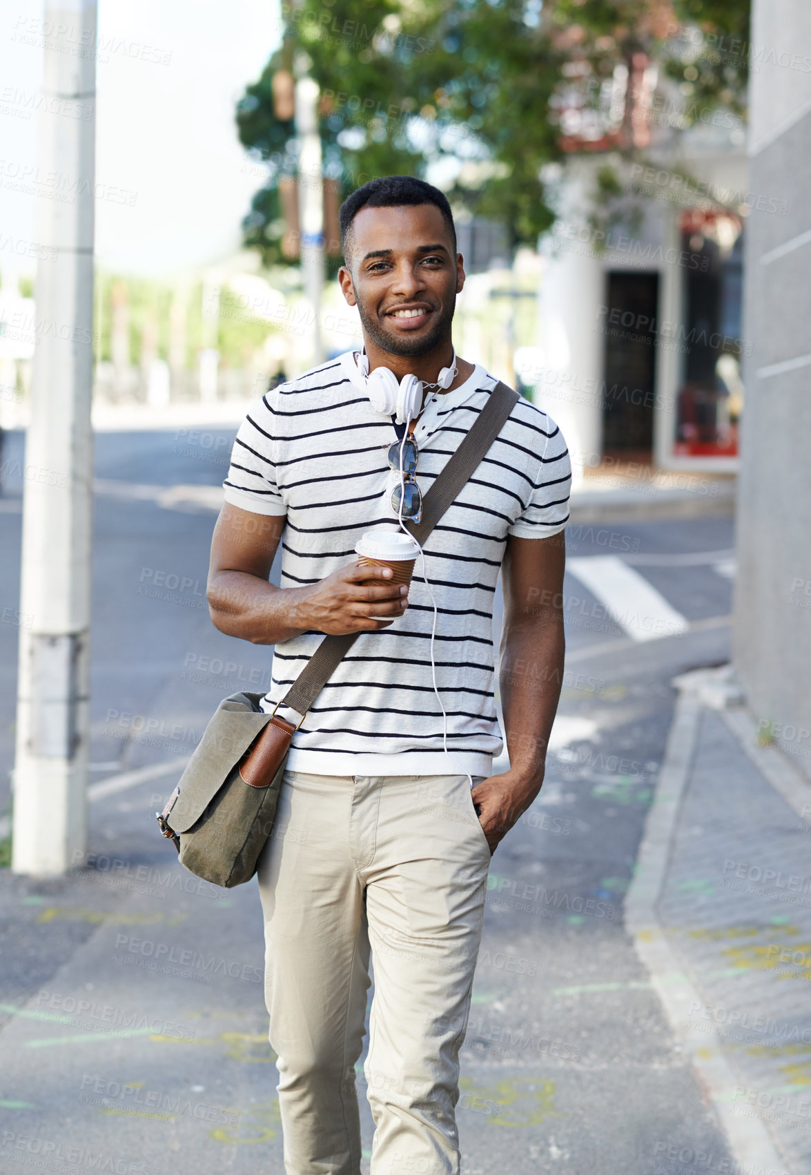 Buy stock photo Black man, portrait and student for street commute, walking and coffee cup for city adventure. Happy male person, espresso and mug for hot beverage on journey to college, travel and tea in urban town