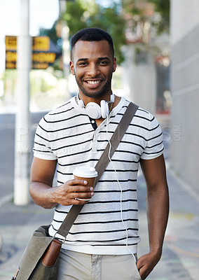 Buy stock photo Black man, portrait and drink for morning commute, walking and coffee cup for city adventure. Happy male person, espresso and mug for hot beverage on journey to college, travel and tea in urban town