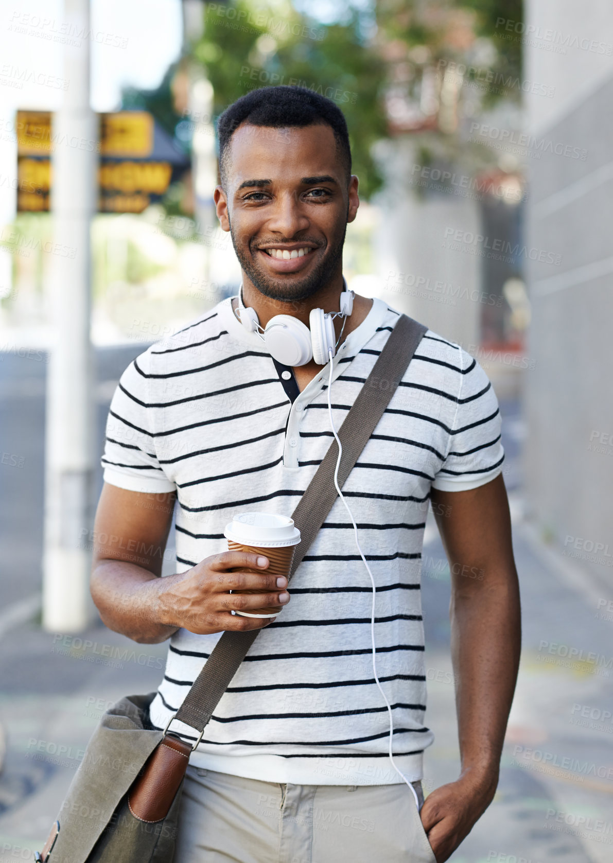 Buy stock photo Black man, portrait and drink for morning commute, walking and coffee cup for city adventure. Happy male person, espresso and mug for hot beverage on journey to college, travel and tea in urban town