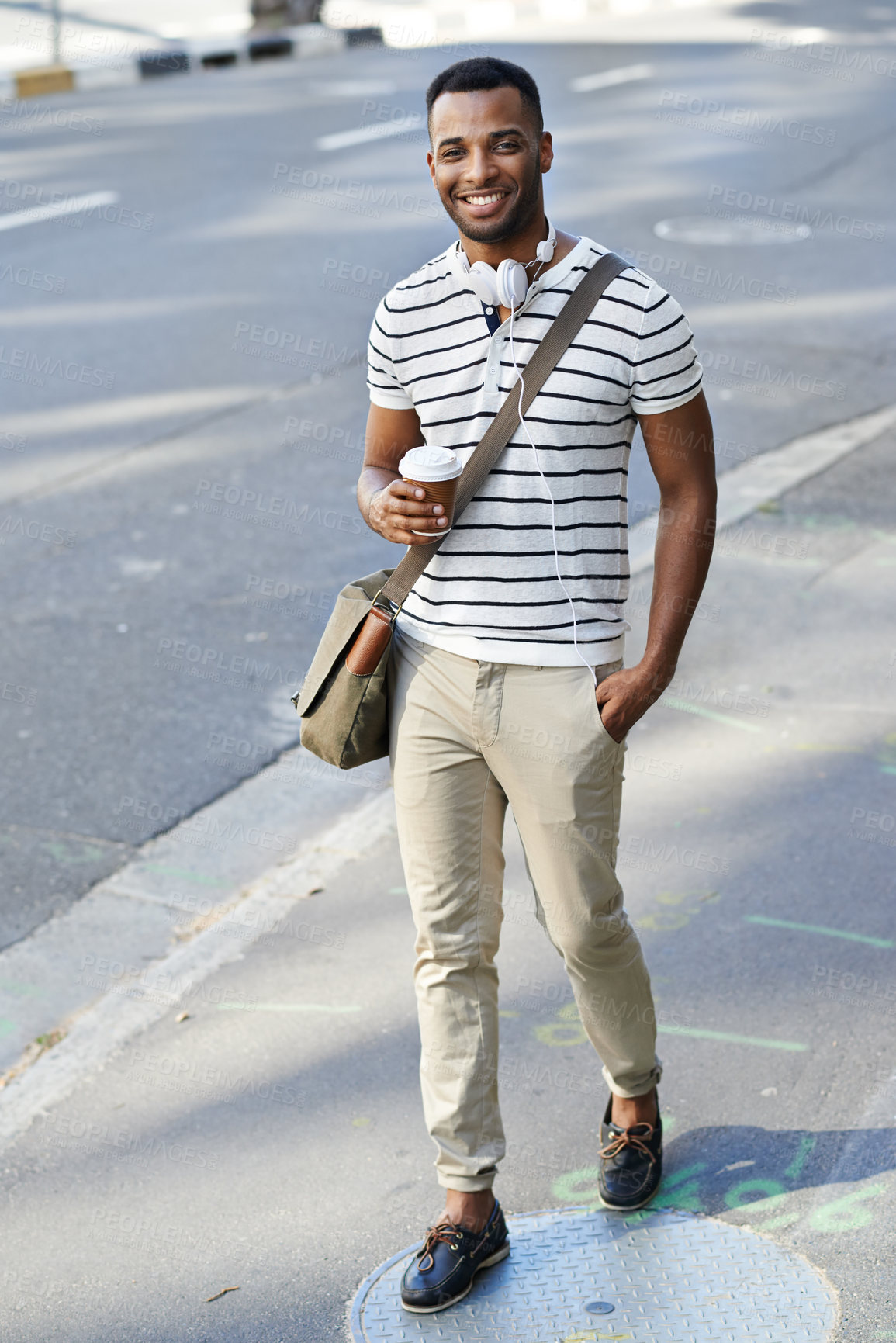 Buy stock photo Black man, portrait and coffee for morning commute, walking and employee for city adventure. Happy male person, espresso and mug for hot beverage on journey to metro, travel and tea in urban town