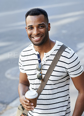 Buy stock photo City, road and happy man in portrait with coffee, hot beverage and confidence with smile in morning. Sidewalk, black person and espresso for caffeine to boost energy, productivity or pride to commute