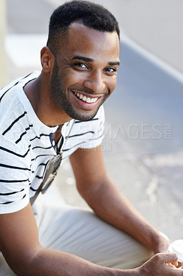 Buy stock photo Happy, creative and man with portrait outdoor in street for designer internship and relax in city. Male person, smile and morning for commute or travel in Los Angeles to job or work by agency