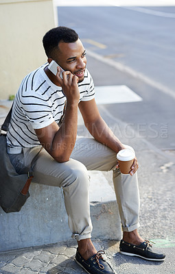 Buy stock photo Man, phone call and internet for communication in city, talking and mobile app for connection. Happy, listen and conversation with virtual contact, relax and creative business person for negotiation
