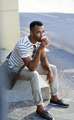 Buy stock photo Thinking, coffee and man with relax outdoor for street culture, designer or creative internship and city environment. Male person, idea and morning for commute or travel in Los Angeles on sidewalk.