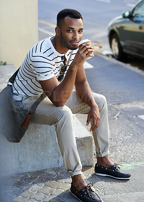 Buy stock photo City, relax and black man in portrait with coffee, hot beverage and confidence with smile in morning. Street, male employee and espresso for caffeine to boost energy, productivity and happy to travel