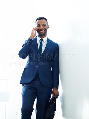 Buy stock photo Black man, portrait and phone call for business conversation, deal negotiation and chat in office. African lawyer, mobile hello and discussion for legal case, client feedback and justice at law firm