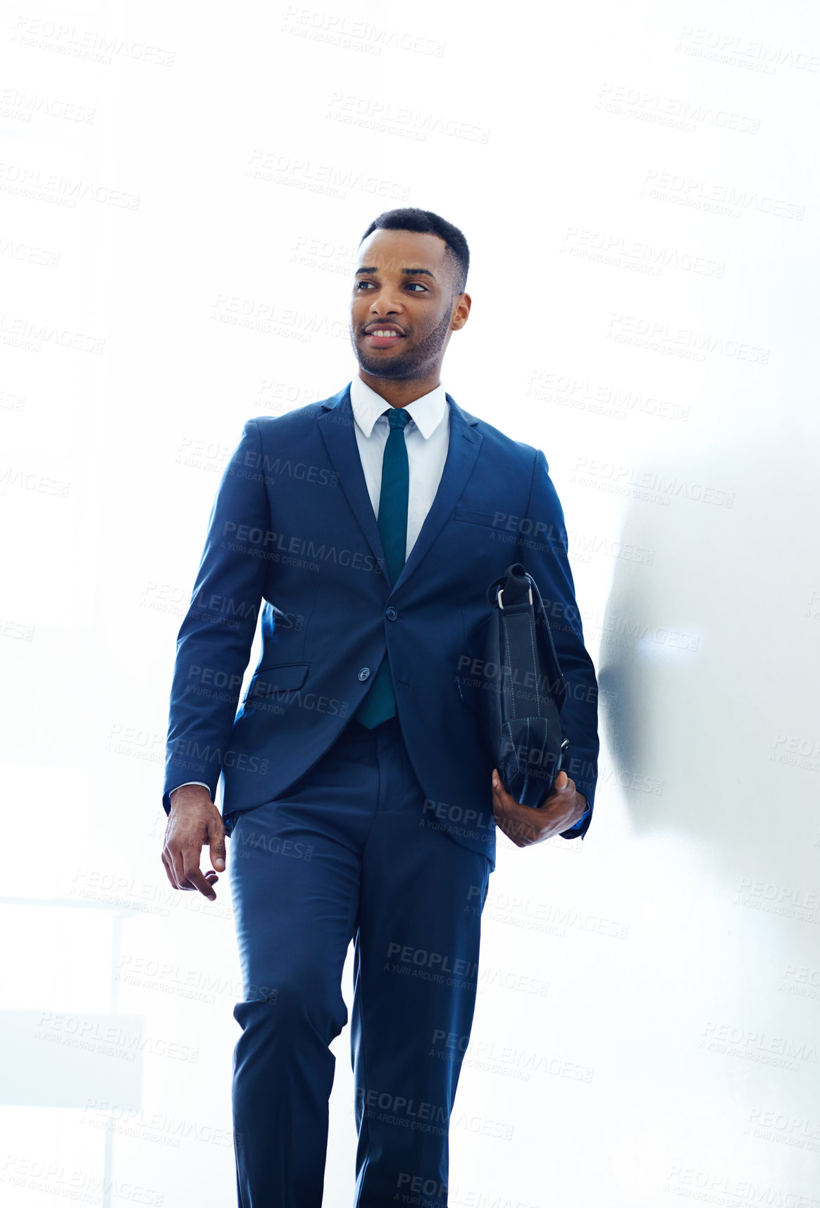 Buy stock photo Walking, black man and bag for work, smile and thinking of appointment in law firm, morning and travel of employee. Professional, attorney and happy for trip to office, schedule and person in USA