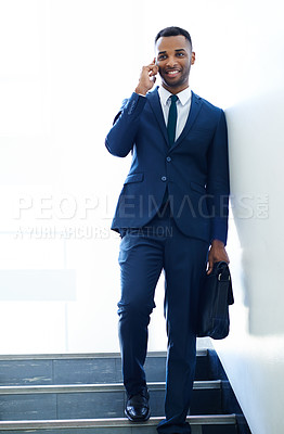 Buy stock photo Walking, black man and bag for work, phone call and communication of appointment in law firm, morning and travel of employee. Professional, attorney and happy to talk, schedule and person in USA