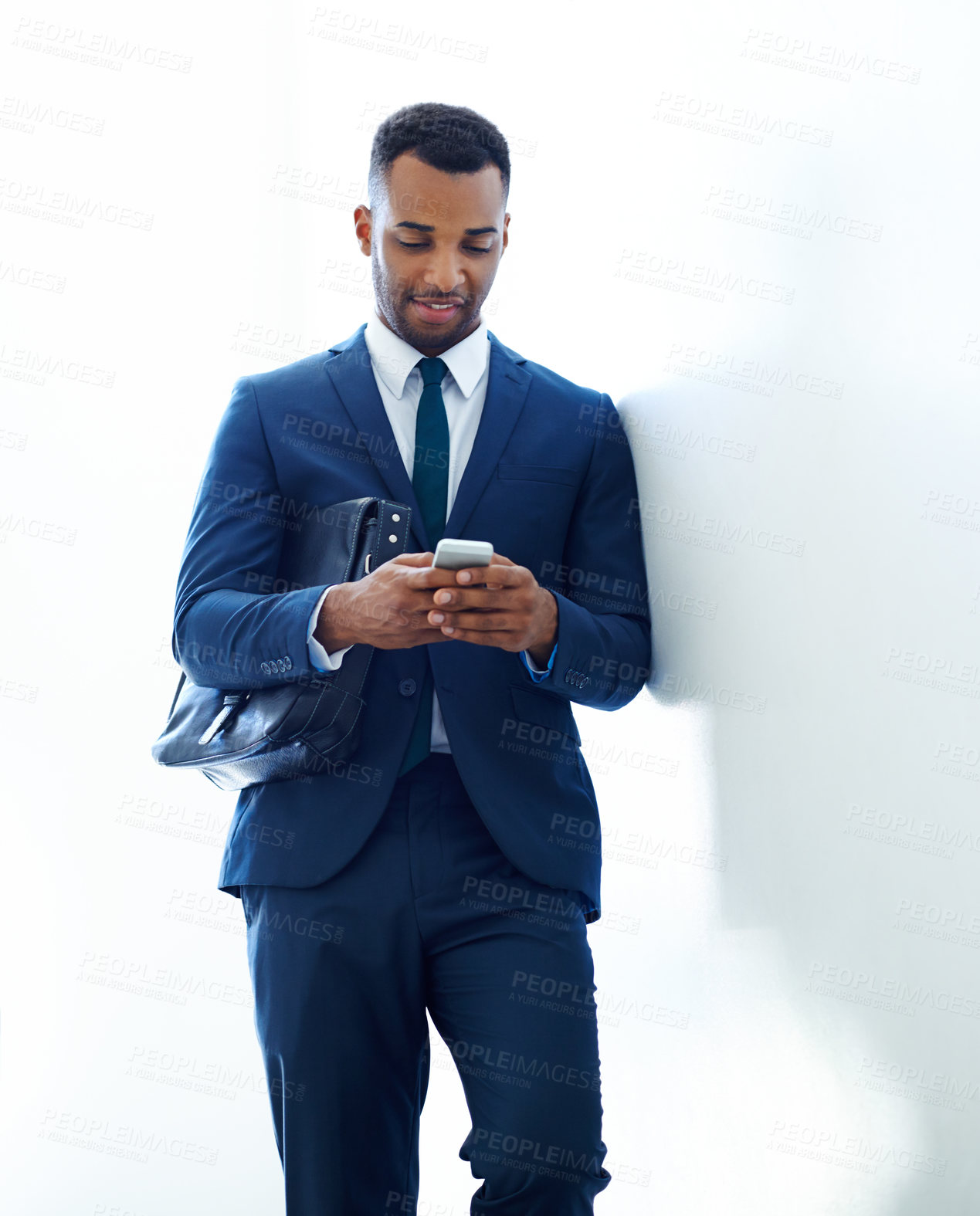 Buy stock photo Black man, phone and texting for business conversation, schedule appointment and mockup in office. African attorney, typing and mobile connection for legal info, space and case feedback at law firm