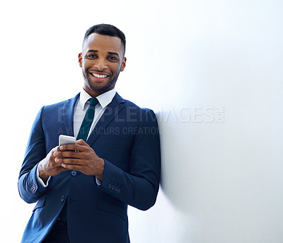 Buy stock photo Black man, texting portrait and phone for business conversation, planning agenda and mockup in office. African attorney, smile and mobile typing with space, legal info and case feedback at law firm