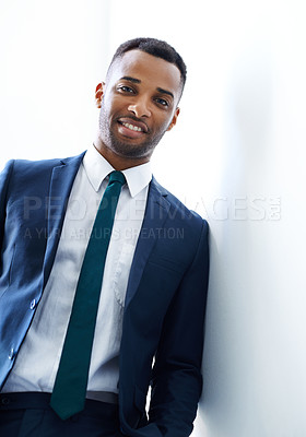 Buy stock photo Black businessman, portrait and smile in office with suit, confidence and investment banking career. Face, broker and African banker in commercial or corporate institution with modern style and pride