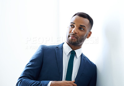 Buy stock photo Black businessman, wall or thinking in office with suit, option and investment banking career choice. Ideas, proud broker and African banker in corporate institution with style, plan and decision