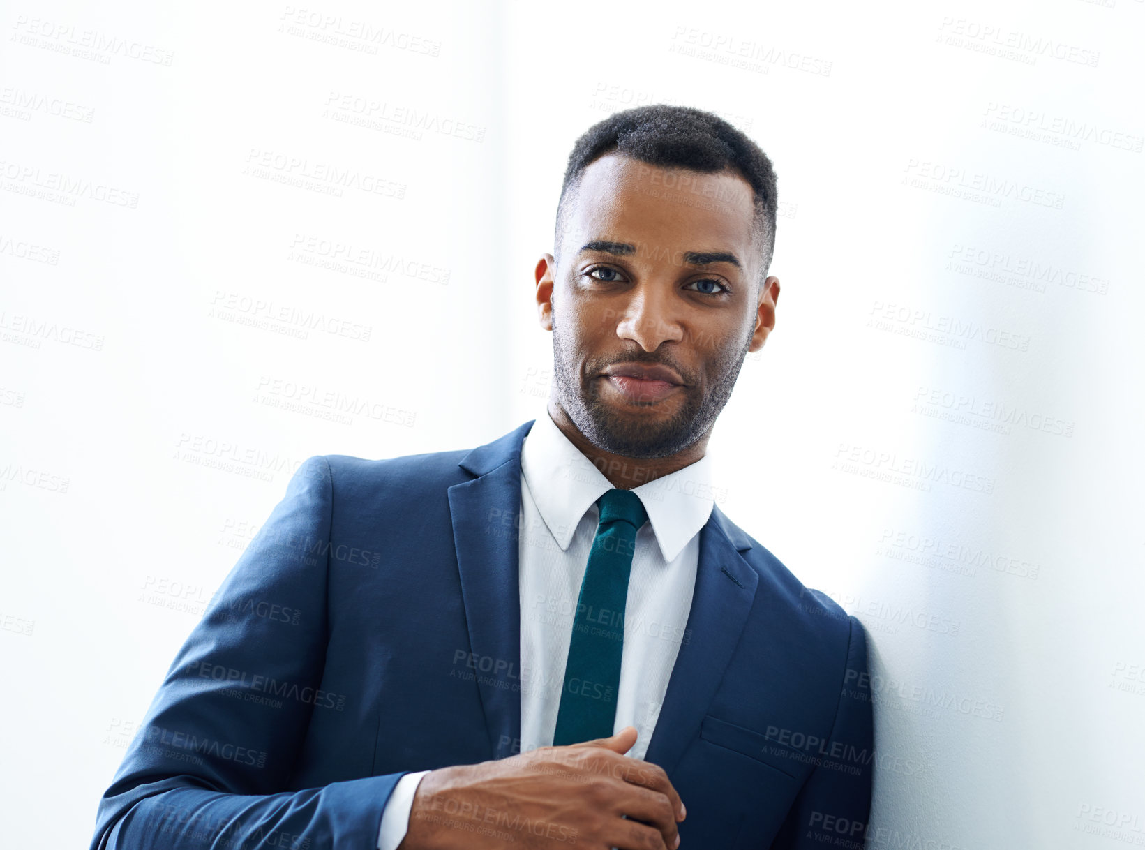 Buy stock photo Black businessman, portrait and confidence in office with suit, skills and investment banking career. Face, broker and African banker in commercial or corporate institution with modern style or pride