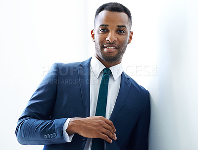 Buy stock photo Black businessman, portrait or smile in finance with suit, confidence or investment banking career. Office, broker and African banker in commercial or corporate institution with style or pride