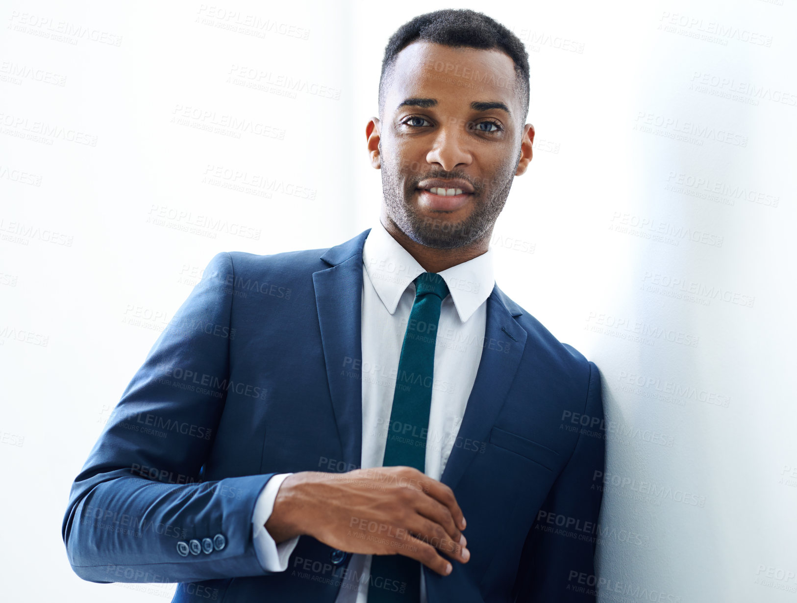 Buy stock photo Black businessman, portrait or smile in finance with suit, confidence or investment banking career. Office, broker and African banker in commercial or corporate institution with style or pride