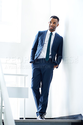 Buy stock photo Walking, black man and smile for work, thinking and formal for appointment in law firm, morning and confidence of employee. Professional, attorney and happy for office, corporate and person in USA