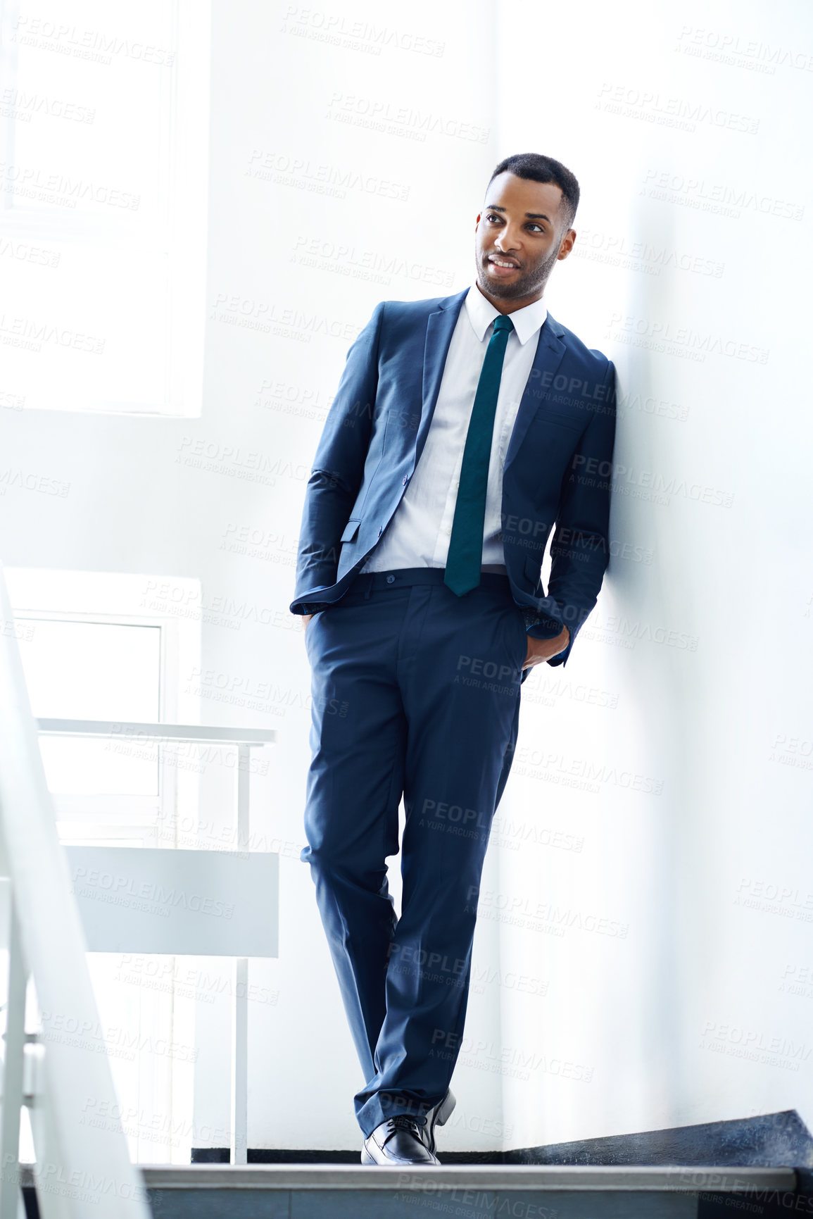 Buy stock photo Walking, black man and smile for work, thinking and formal for appointment in law firm, morning and confidence of employee. Professional, attorney and happy for office, corporate and person in USA