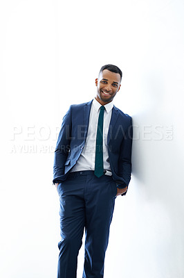 Buy stock photo Portrait, black man and smile in studio, suit and confident for appointment in law firm, morning or lawyer. White background, professional and happy for meeting in business, attorney or person in USA