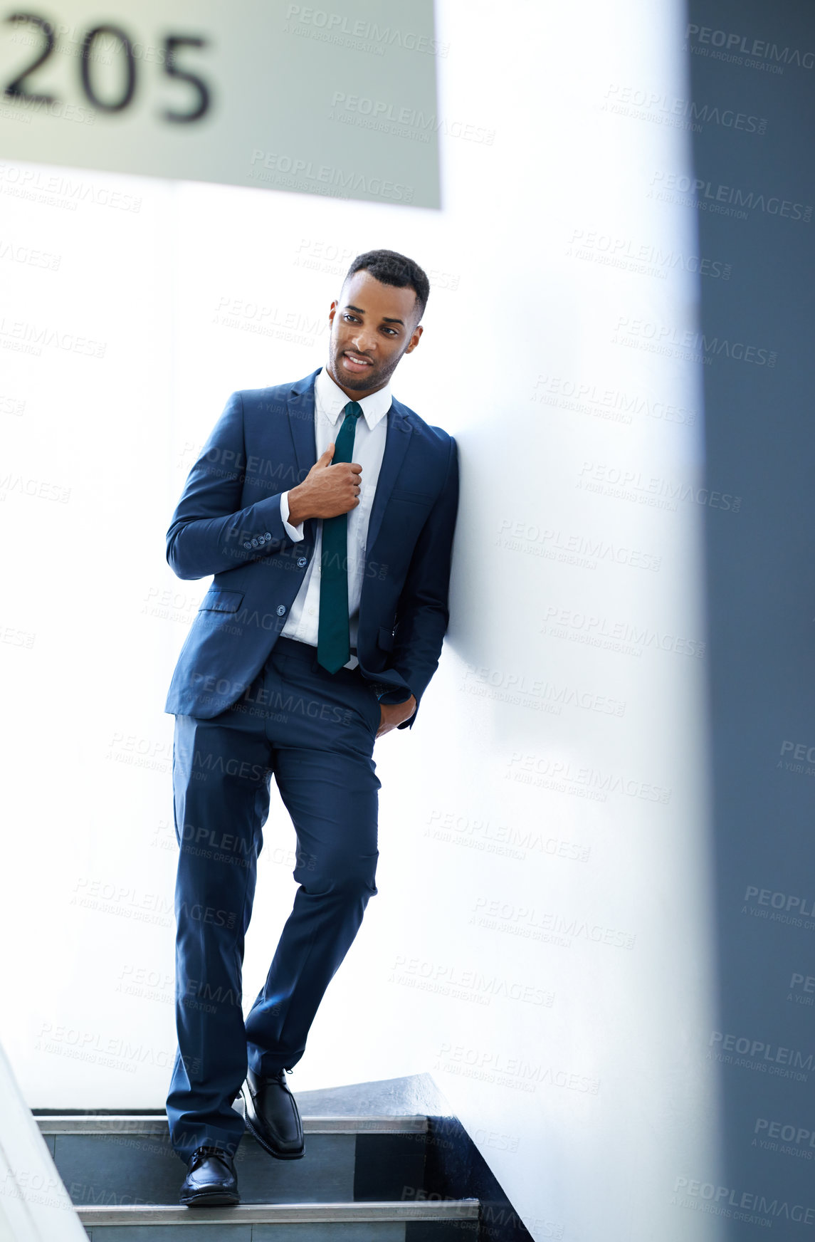 Buy stock photo Black businessman, thinking and confidence in office with suit, option and investment banking career choice. Ideas, proud broker and African banker in corporate institution with style and decision