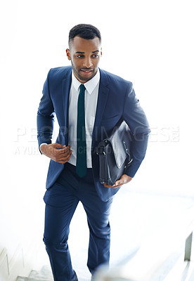 Buy stock photo Walking, black man and bag for employee, smile and thinking of appointment in law firm, morning and travel for work. Professional, attorney and happy for trip to office, schedule and person in USA