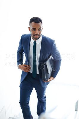 Buy stock photo Walking, black man and bag for employee, thinking and smile for appointment in law firm, morning and travel for work. Professional, attorney and happy for trip to office, schedule and person in USA