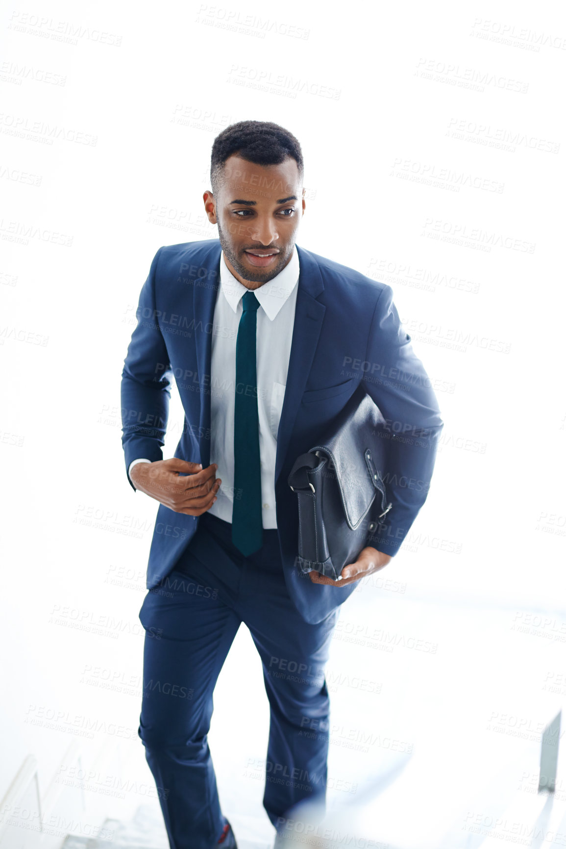 Buy stock photo Walking, black man and bag for employee, thinking and smile for appointment in law firm, morning and travel for work. Professional, attorney and happy for trip to office, schedule and person in USA