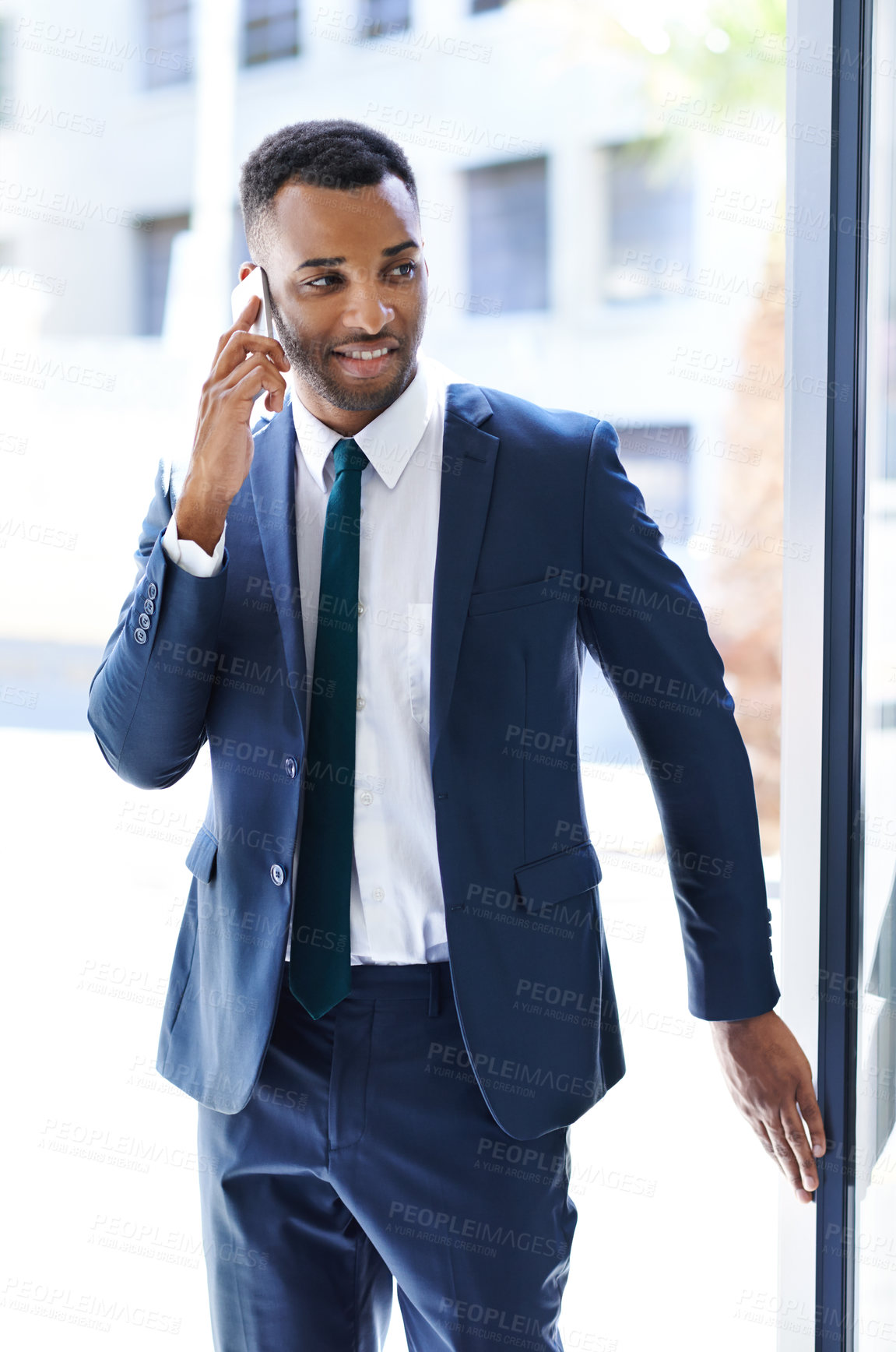 Buy stock photo Black man, business and phone call at office in communication, networking or connection. Male person, mobile and work as insurance agent for company, financial firm or corporate for future investment