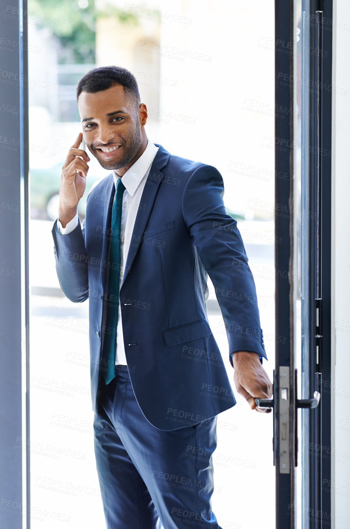 Buy stock photo Black man, business and phone call at office in networking, communication or connection. Male person, mobile and work as insurance agent for company, financial firm or corporate for future investment